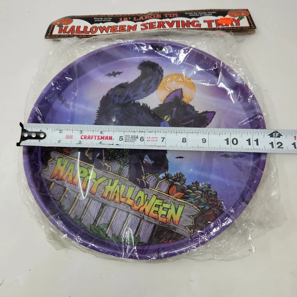 Vintage New Design 12 Inch Halloween Serving Tray Tin Black Cat Purple Round NIP